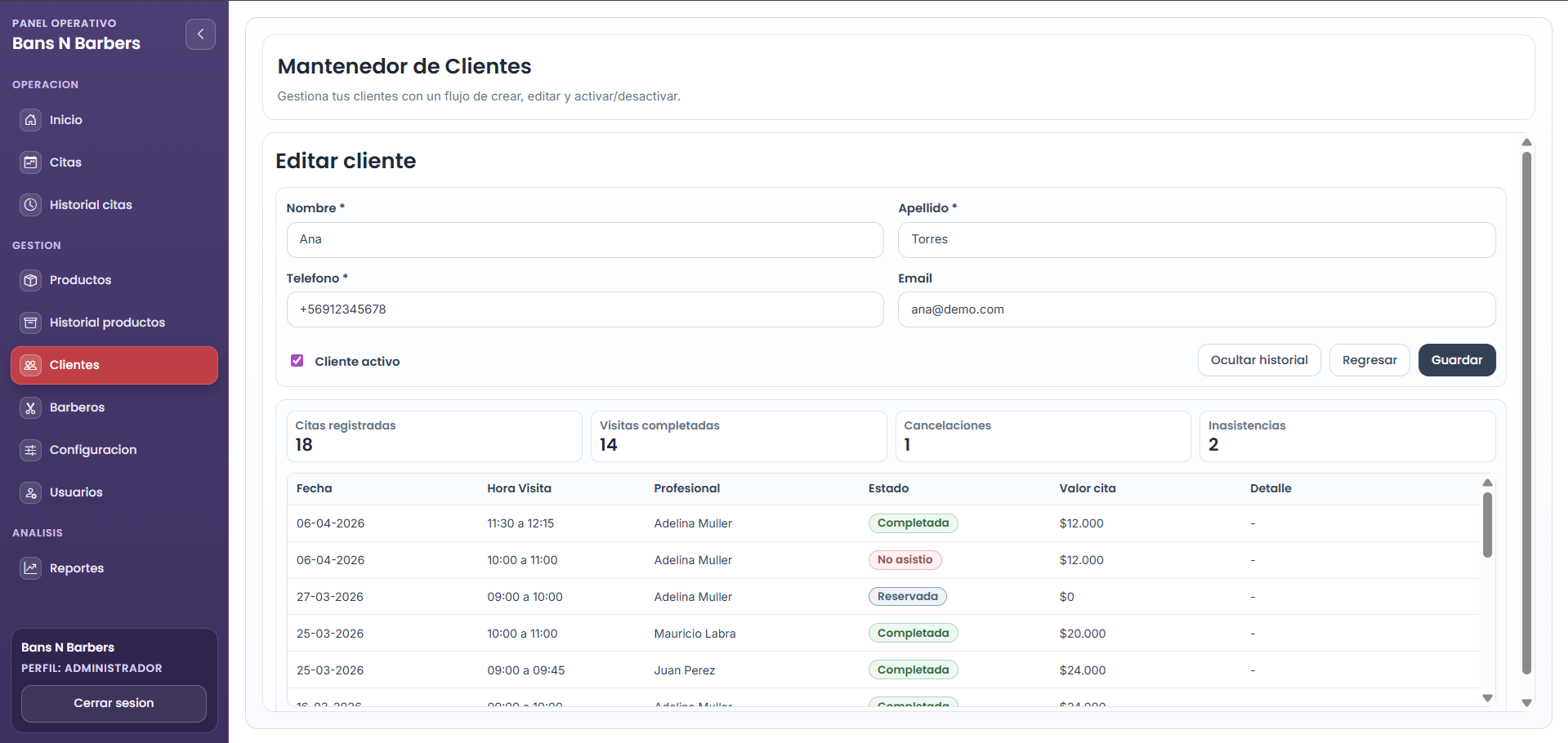 Panel de clientes e historial de servicios en Reserva Style
